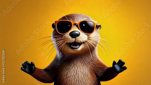 Otter Wearing Sunglasses and Talking on a Yellow Background 