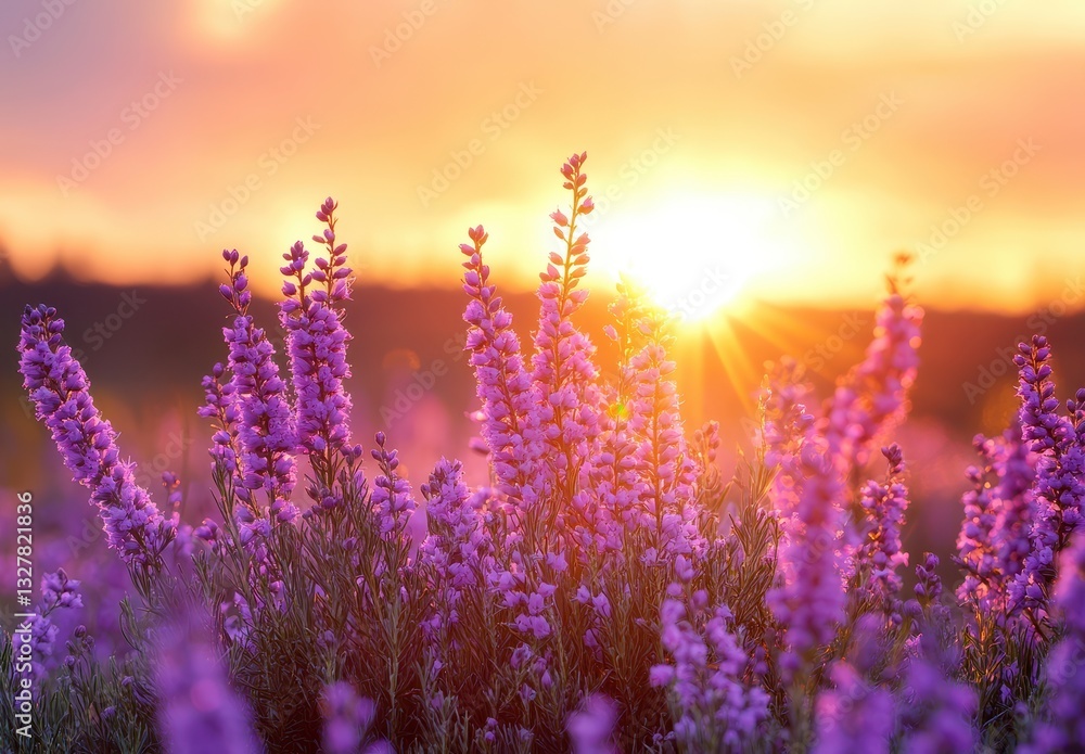 Fototapeta premium Beautiful lavender flowers blooming at sunset with warm sun rays shining through and creating a serene atmosphere in a natural landscape