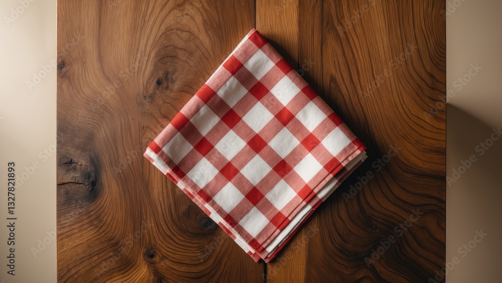 Obraz premium View from above featuring an empty kitchen napkin set against a table background. Folded cloth for mockup with copy space, flat lay. Minimalist style. High-quality photo.