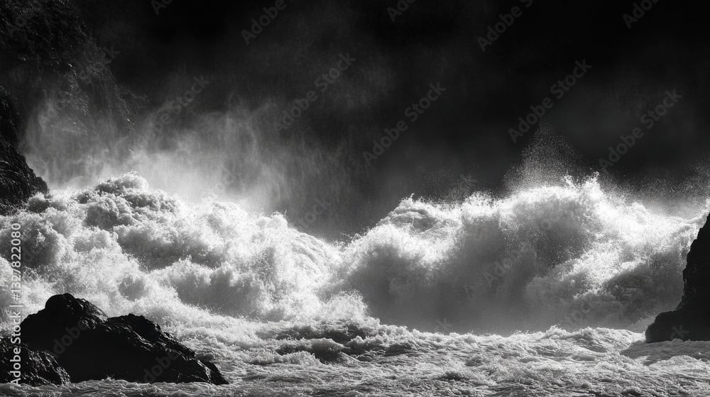 Fierce Waves Crashing Against Rocky Shoreline