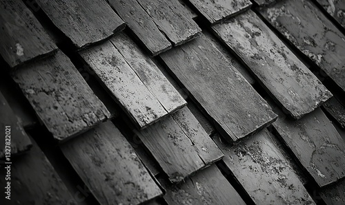Gray, wooden roof tiles background, texture. A close-up of an old gray roof covered with wooden tiles.