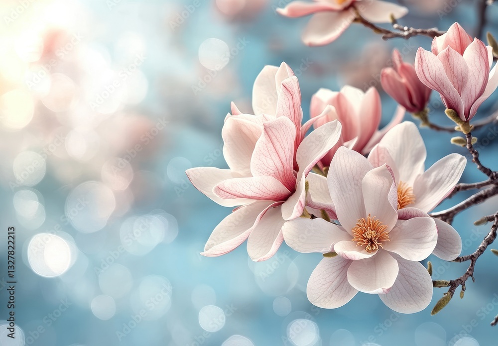 Obraz premium Beautiful magnolia blossoms with soft pink edges and vibrant centers against a dreamy blue and bokeh background, conveying a serene spring atmosphere.