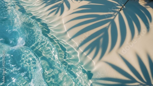 Fototapeta Naklejka Na Ścianę i Meble -  Empty abstract sand beach featuring palm leaf shadows and transparent water waves from above, blank background banner for travel, vacation, and wellbeing with copy space.