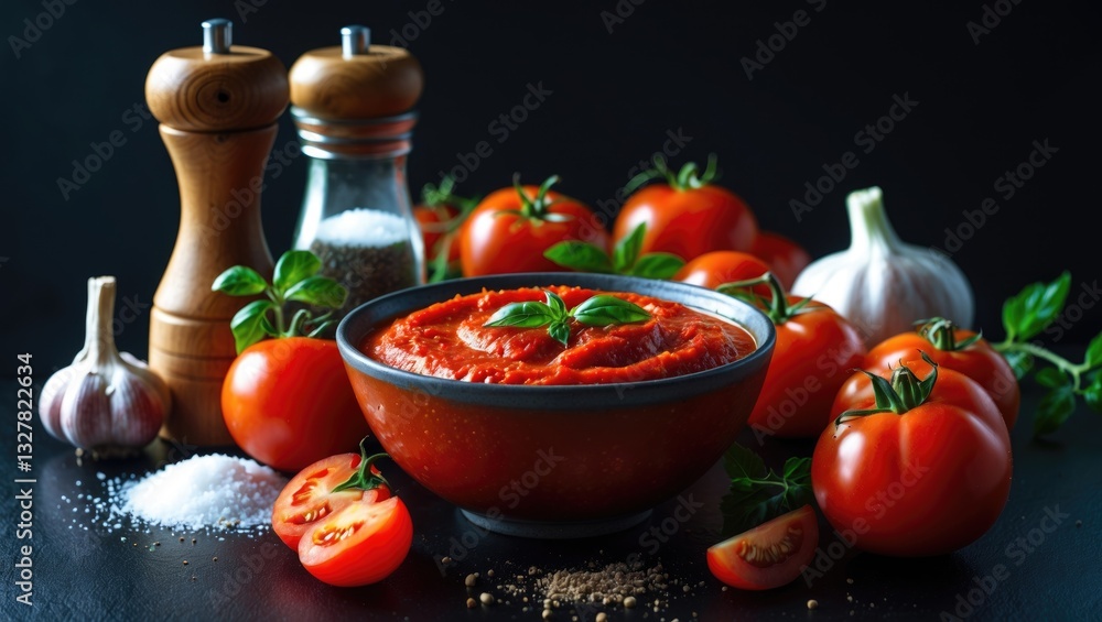 fresh natural tomato paste on dark background fresh natural tomato paste on dark background