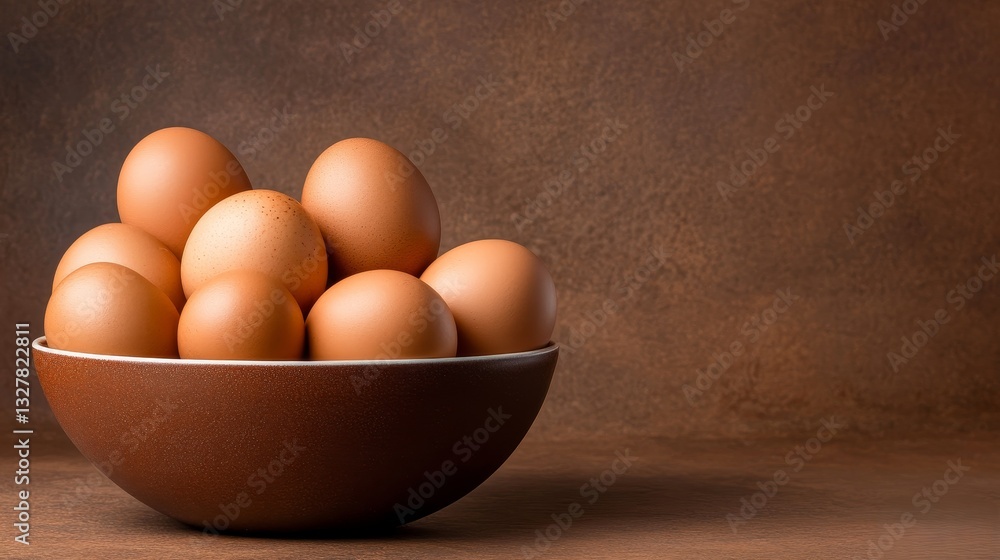 A rustic bowl filled with fresh brown eggs set against a textured brown background A rustic bowl filled with fresh brown eggs set against a textured brown background