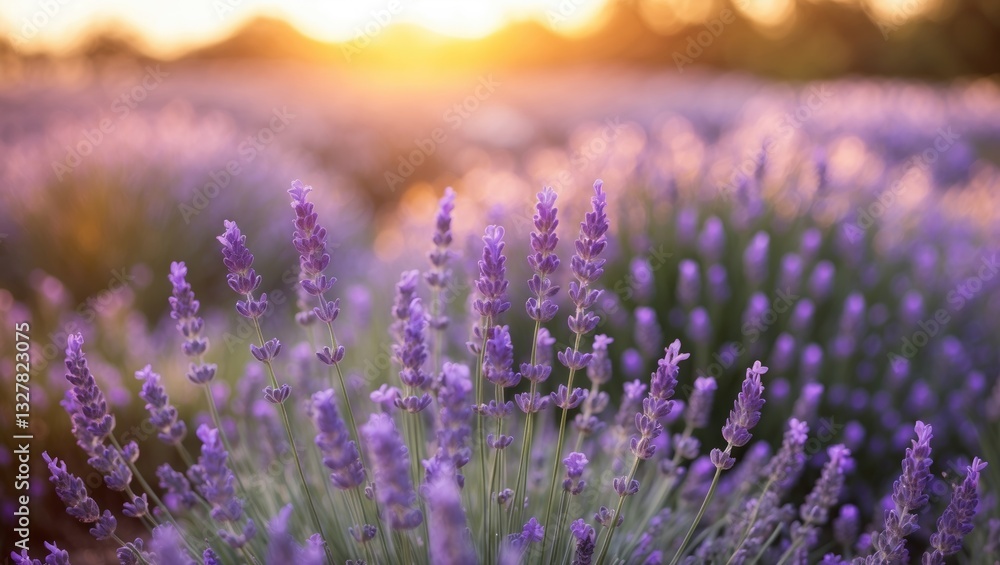 Fototapeta premium Field of lavender illuminated by sunset light. Background featuring golden illumination. Purple lavender.
