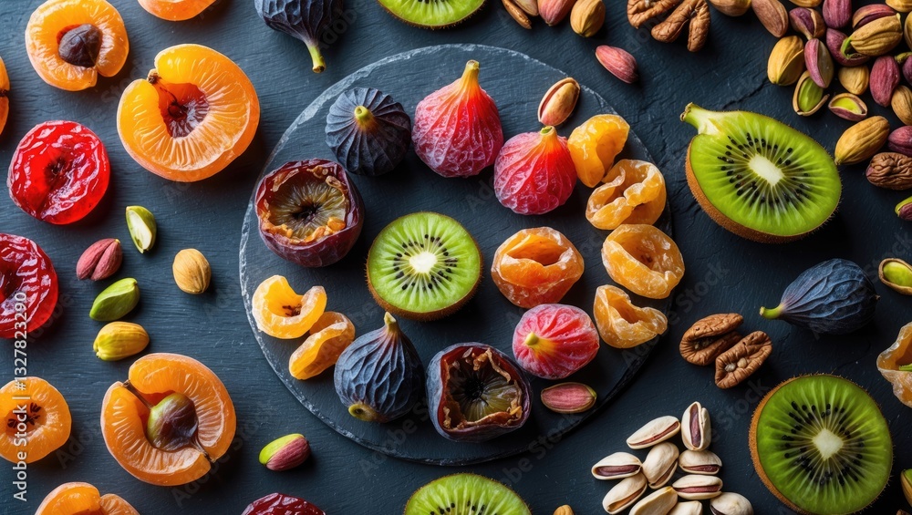 Nutritious Energy Snack. Dried fruits, Candied nuts. Healthy vegetarian cuisine. Dark background. Flat lay. Nutritious Energy Snack. Dried fruits, Candied nuts. Healthy vegetarian cuisine. Dark background. Flat lay.