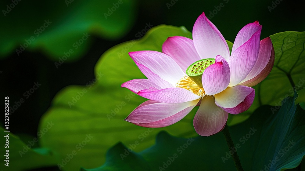 A pink lotus flower resting atop a verdant lily green leaf field, adorned with a bug perched on its center A pink lotus flower resting atop a verdant lily green leaf field, adorned with a bug perched on its center