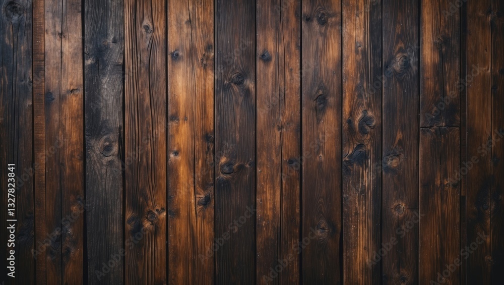 Naklejka premium Vertical barn wooden wall planking texture. Reclaimed old wood slats rustic shabby background. Home interior design element in modern vintage style. Hardwood dark brown timbered structure. Close-up.