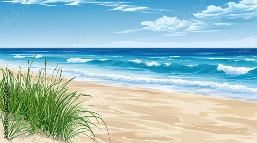 Wallpaper Mural Beautiful animated beach scene with ocean waves and green grass Torontodigital.ca