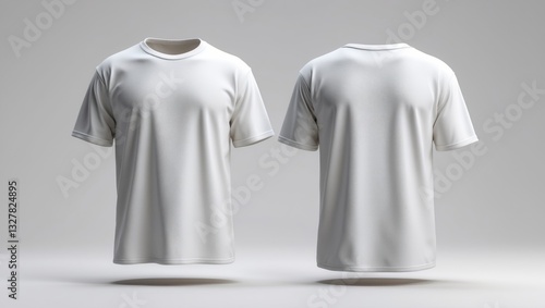 Blank white oversized t-shirt mockup, featuring front and back views, rendered in 3D. An empty large-size textile t-shirt with sleeve mockup, isolated. Clear cotton crew neck model suitable for uni...