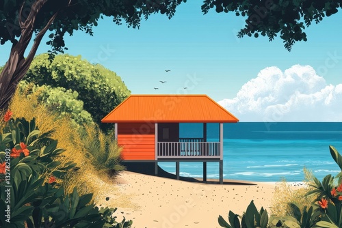 Coastal Cabin Retreat with Vibrant Orange Roof Beside Lush Greenery and the Ocean on a Bright Sunny Day with Clear Blue Skies and Gentle Waves