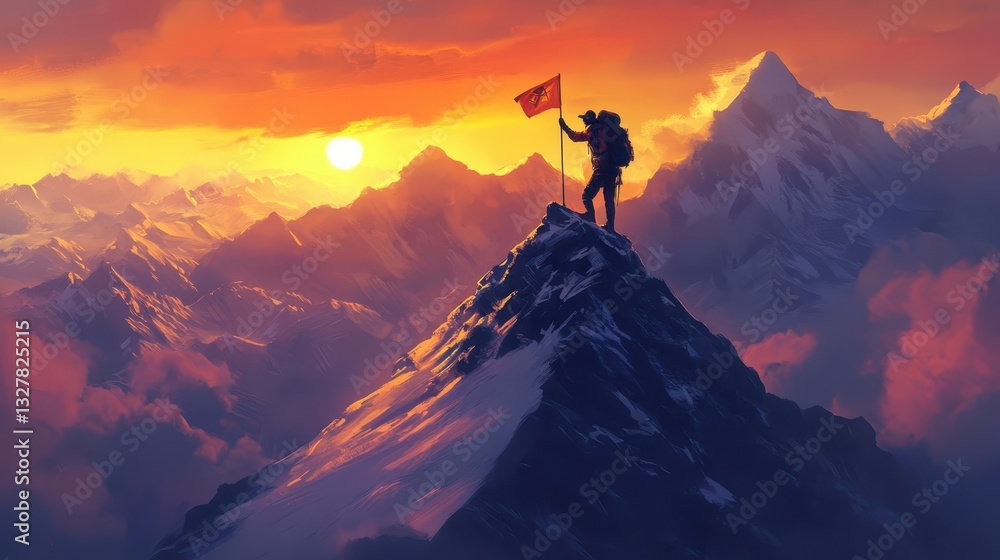 Adventurous person plants a flag on the peak of a mountain Adventurous person plants a flag on the peak of a mountain