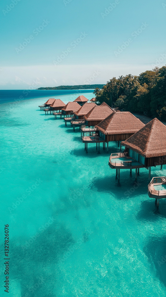 Obraz premium Luxuriöse Wasserbungalows stehen auf stilvollem Holsteg im klaren Meer