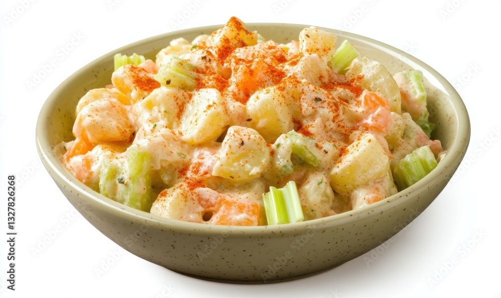 A serving of creamy potato salad with diced potatoes, celery, and a sprinkle of paprika. Isolated on White Background A serving of creamy potato salad with diced potatoes, celery, and a sprinkle of paprika. Isolated on White Background