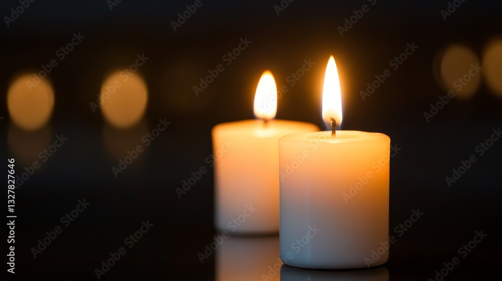 Two lit candles casting a warm glow in a dimly lit environment, creating a serene atmosphere Two lit candles casting a warm glow in a dimly lit environment, creating a serene atmosphere
