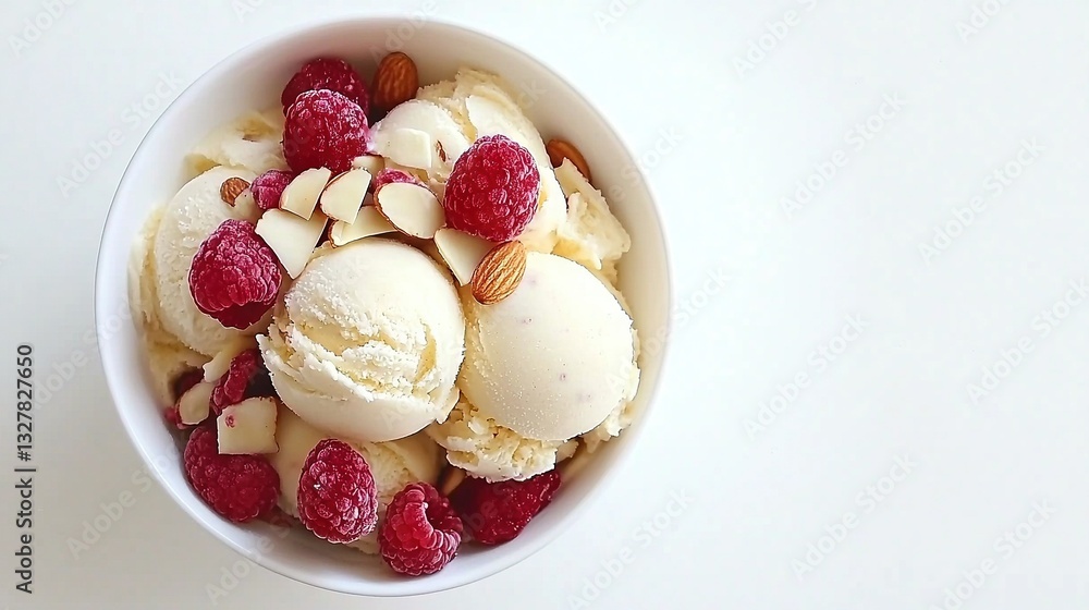 A bowl of ice cream topped with raspberries and almonds on a white surface A bowl of ice cream topped with raspberries and almonds on a white surface