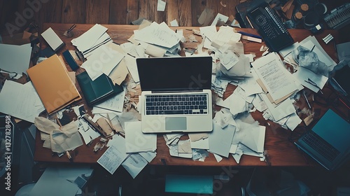 Wallpaper Mural A cluttered desk featuring laptops papers and assorted office supplies Torontodigital.ca