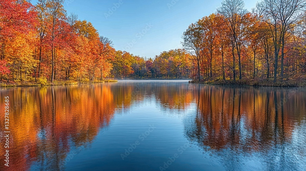 Vibrant autumn foliage reflected in a calm lake at sunrise. Vibrant autumn foliage reflected in a calm lake at sunrise.