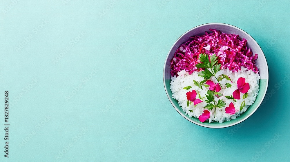 Bowl of rice, red cabbage & parsley on blue background with green leafy garnish Bowl of rice, red cabbage & parsley on blue background with green leafy garnish