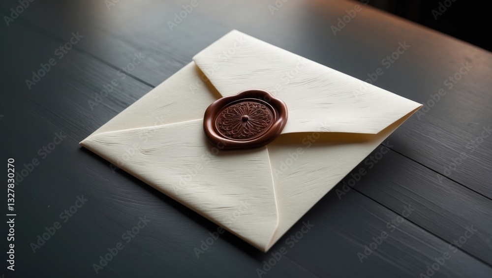 Fototapeta premium Beige envelope resting on a dark gray wooden table surface. Invitation envelope for an event. Close-up image.