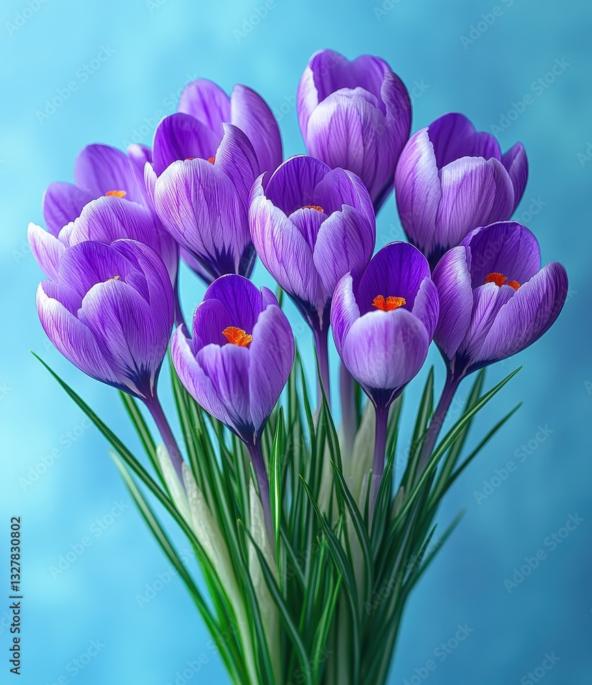 Naklejka premium Beautiful purple crocus flowers in a vibrant arrangement against a soft blue background, showcasing delicate petals and vivid colors for a serene atmosphere