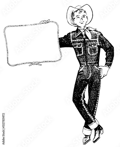 Young Cowboy holding Sign, Retro Vector Illustration