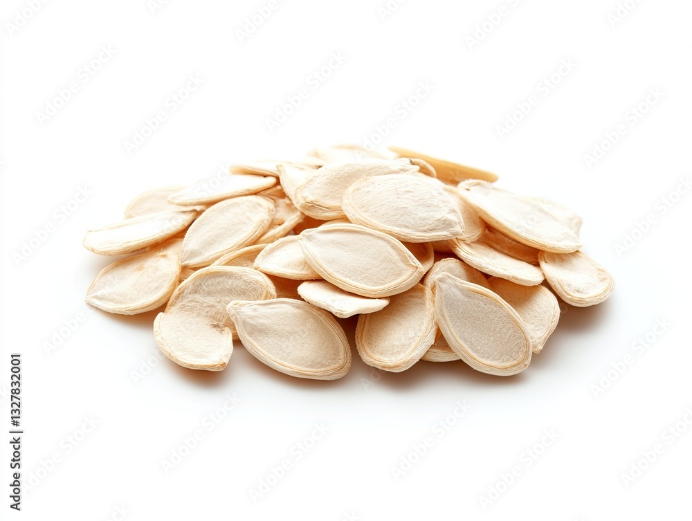 Pile of nutritious toasted pumpkin seeds isolated against white backdrop Pile of nutritious toasted pumpkin seeds isolated against white backdrop
