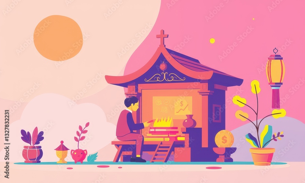 Fototapeta premium Tranquil Scene in Minimalist Asian-Inspired Temple with Person Practicing Meditation Amidst Colorful Symbols of Culture and Prosperity
