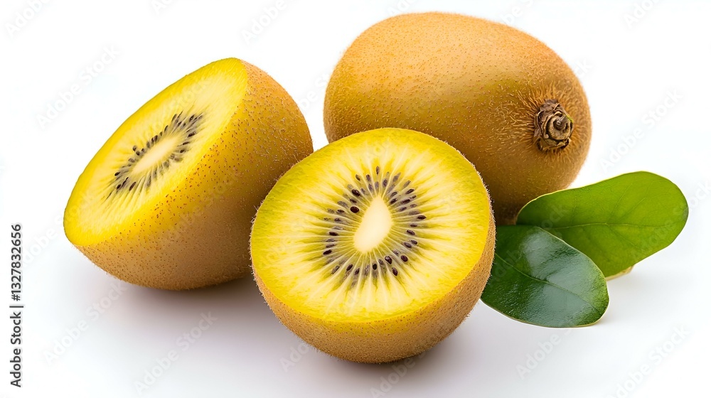 Golden kiwi and leaves on a white background