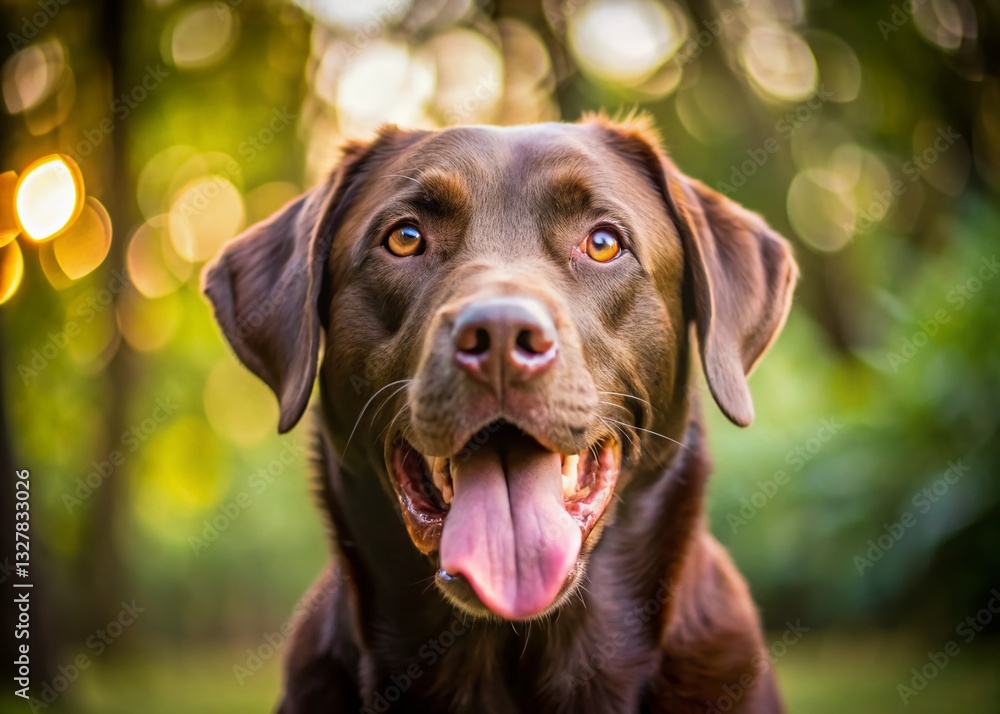 Happy Chocolate Labrador Retriever Panting, Tongue Out, Rule of Thirds Composition Happy Chocolate Labrador Retriever Panting, Tongue Out, Rule of Thirds Composition