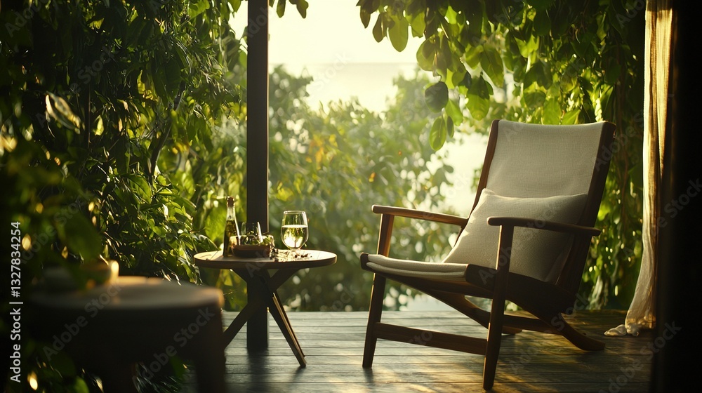 A pair of chairs resting atop a wooden platform beside a table holding a glass of wine A pair of chairs resting atop a wooden platform beside a table holding a glass of wine