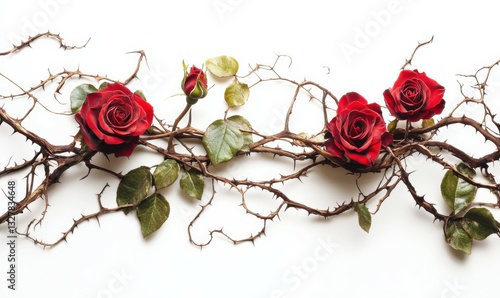 blood red roses on a curly vine, ivy. thorns and green leaves. dry curly branches. valentines concept.