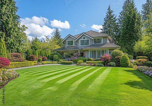 Wallpaper Mural Beautiful suburban home with manicured lawn and vibrant flowerbeds under a clear blue sky and surrounded by lush greenery in a peaceful neighborhood Torontodigital.ca
