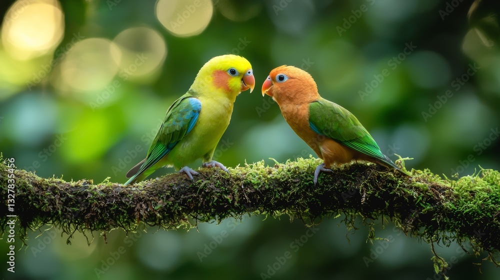 custom made wallpaper toronto digitalTropical birds interacting on a mossy branch, fine detail of feathers, glowing rainforest colors and natural wildlife behavior