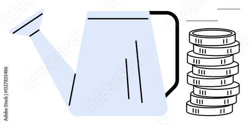 Watering can near stacked coins conveys concepts of nurturing investment, savings growth, financial planning, business success, resource management, wealth building. Ideal for finance, investment