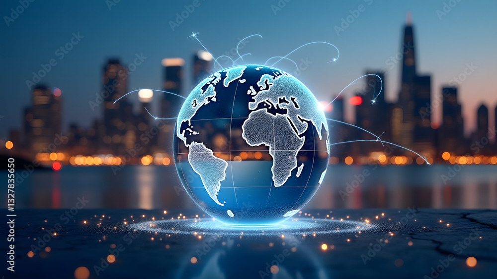A stunning cityscape at dusk with a transparent globe in the foreground, surrounded by glowing lines. The modern skyline reflects themes of global finance and connectivity. A stunning cityscape at dusk with a transparent globe in the foreground, surrounded by glowing lines. The modern skyline reflects themes of global finance and connectivity.