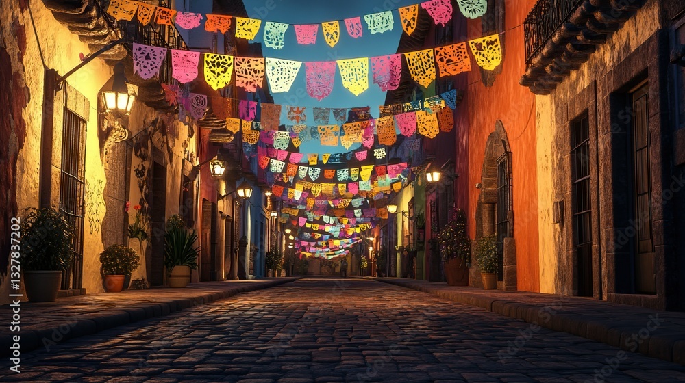 Naklejka premium Colorful papel picado decorations on a vibrant mexican street at night celebrating cinco de mayo, mexican culture.