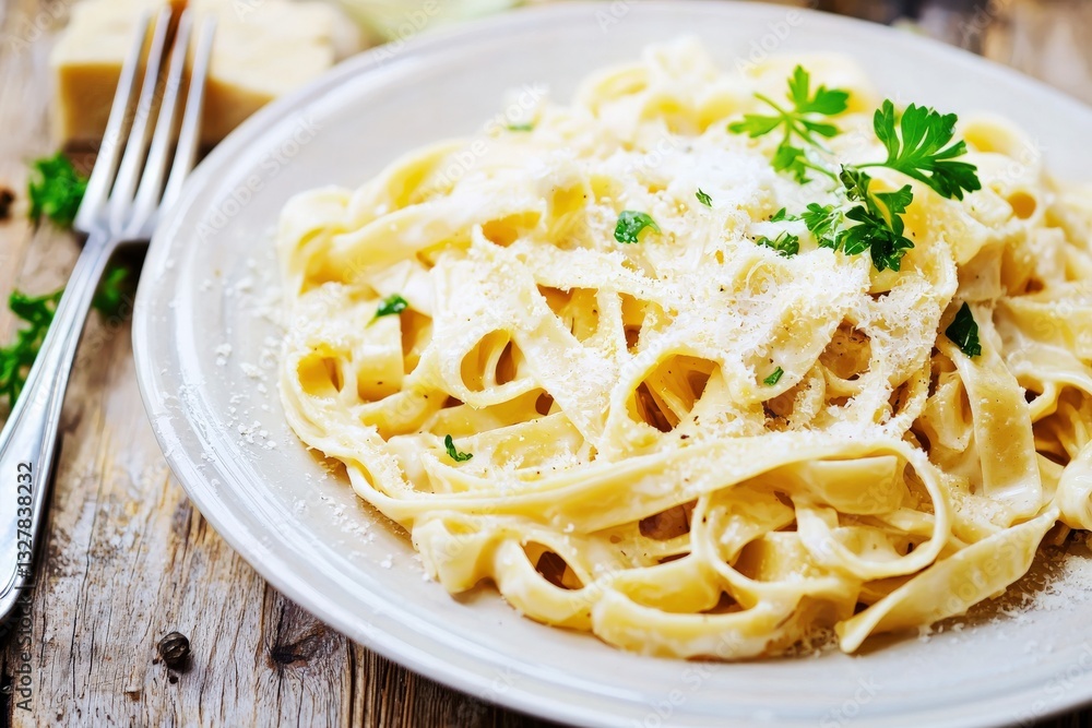 Creamy Fettuccine Dish with Parmesan and Fresh Parsley Garnish Creamy Fettuccine Dish with Parmesan and Fresh Parsley Garnish