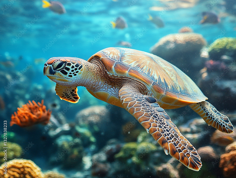 Fototapeta premium Turtle gliding through vibrant coral reef waters