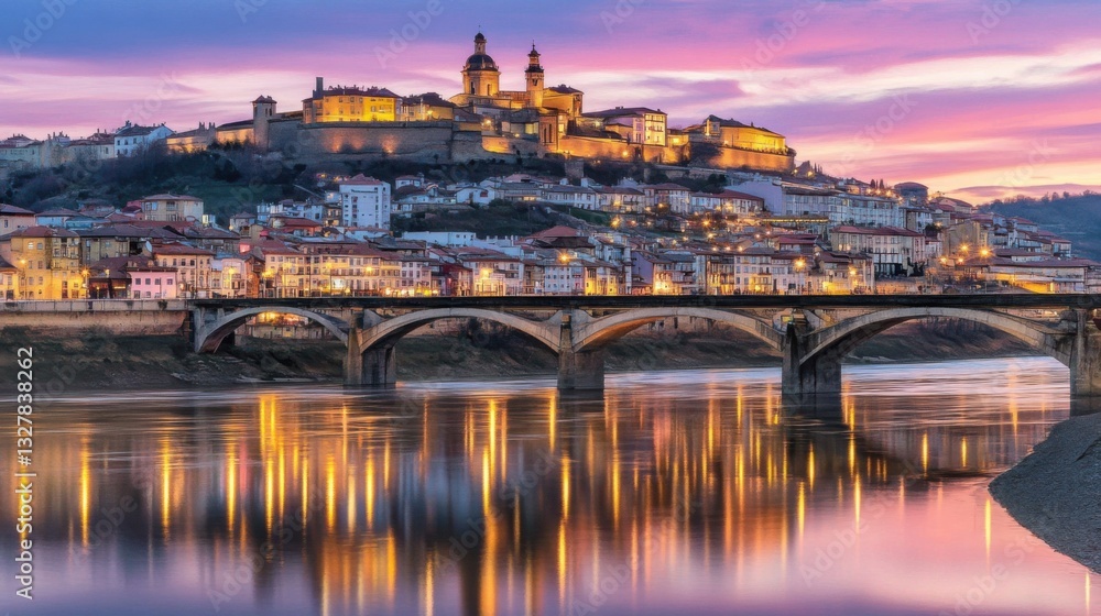 Obraz premium Breathtaking Skyline Over Reflective River at Dawn