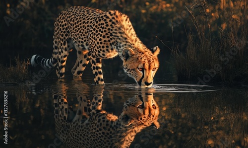 Cheetah drinking water by a serene lake habitat