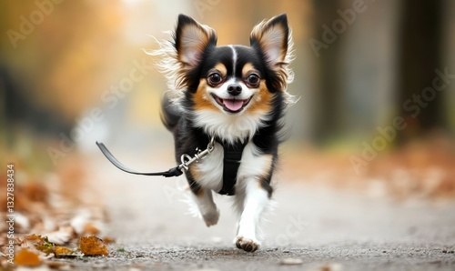 Chihuahua in a walk in park on a leash.