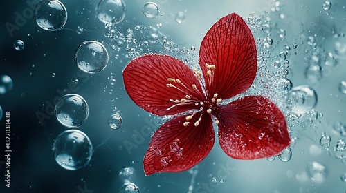   Red flower in close-up with water drops; blue background with bubbles