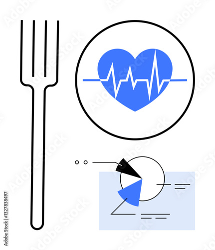 Fork alongside heart with heartbeat graphic and pie chart representing nutrition balance. Ideal for wellness, nutrition, health education, diet planning, fitness, medical research, and self-care