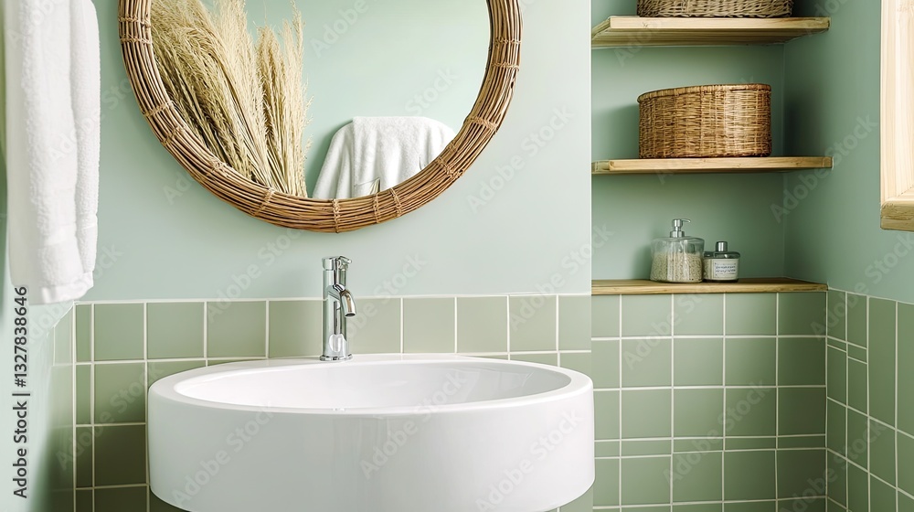 A small space bathroom with muted sage green tiles