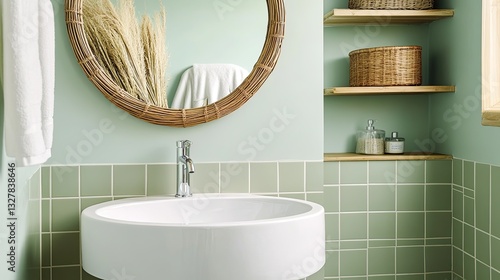 Obraz na płótnie A small space bathroom with muted sage green tiles w salonie