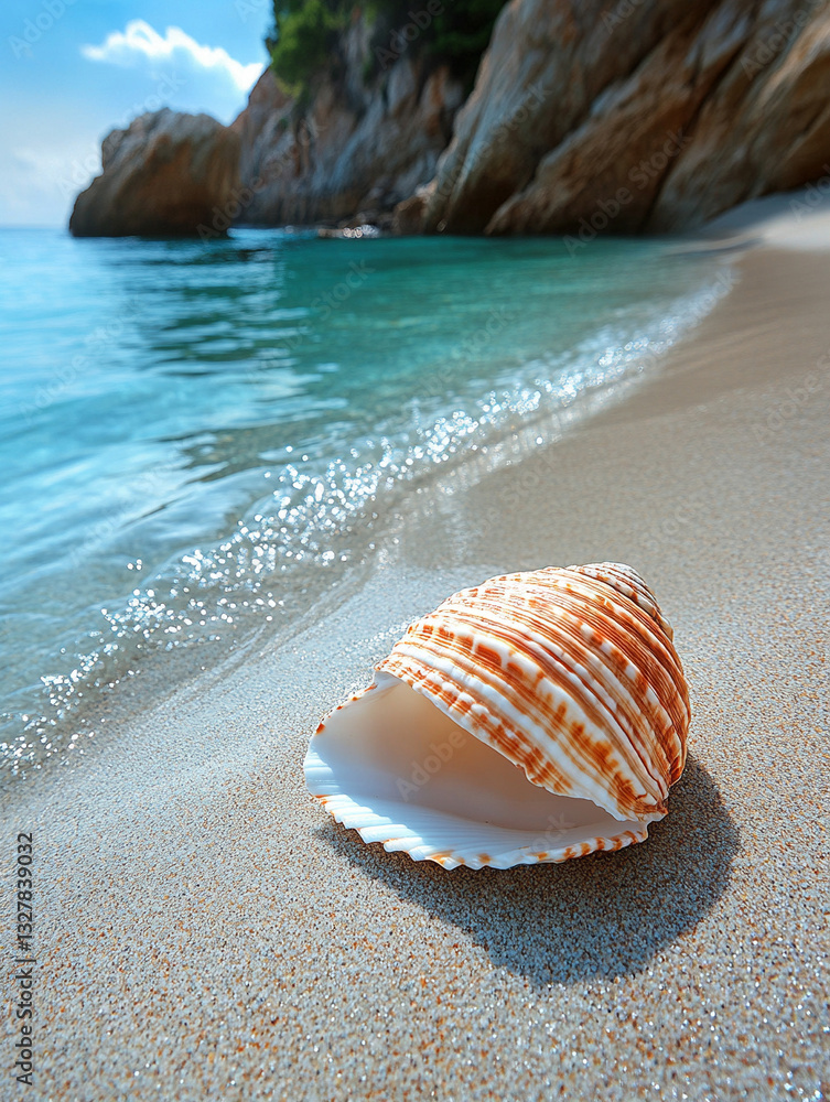 Shell resting on sandy beach near calm water Shell resting on sandy beach near calm water
