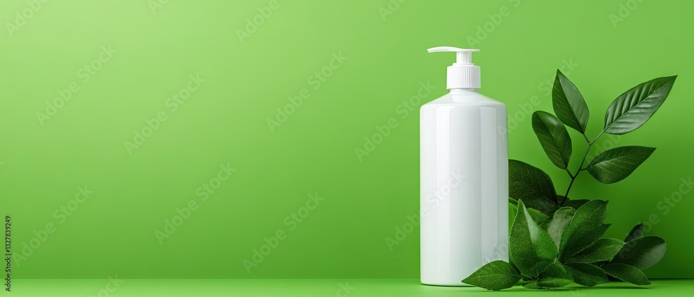 Eco-Friendly Lotion Bottle with Lush Greenery on Green Background Eco-Friendly Lotion Bottle with Lush Greenery on Green Background