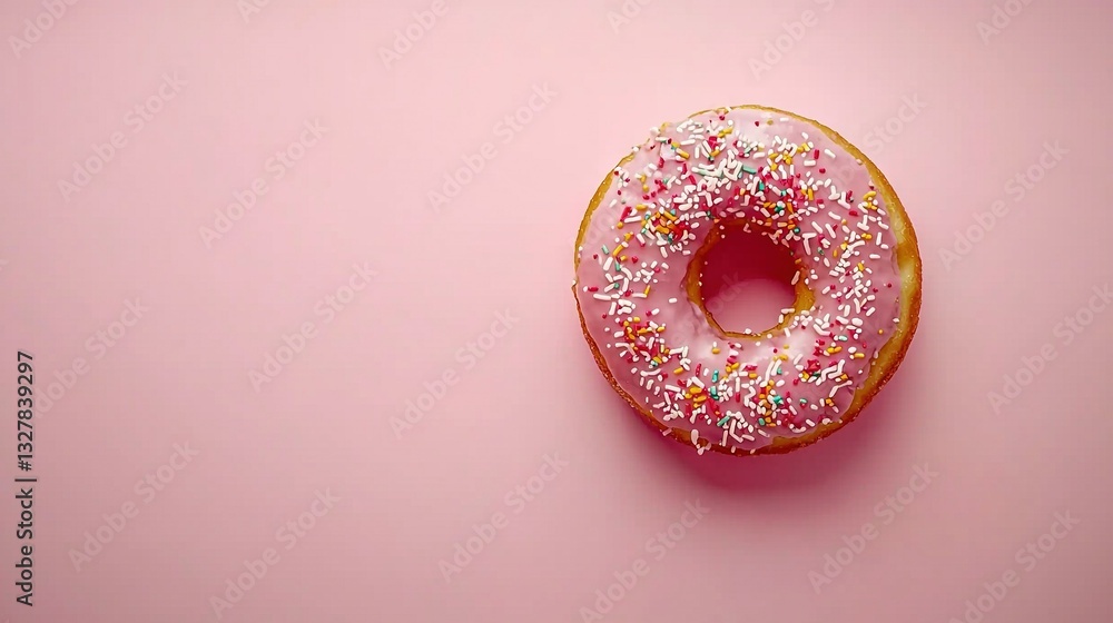 A pink donut with pink icing and sprinkles on a pink background, with a bite taken out A pink donut with pink icing and sprinkles on a pink background, with a bite taken out